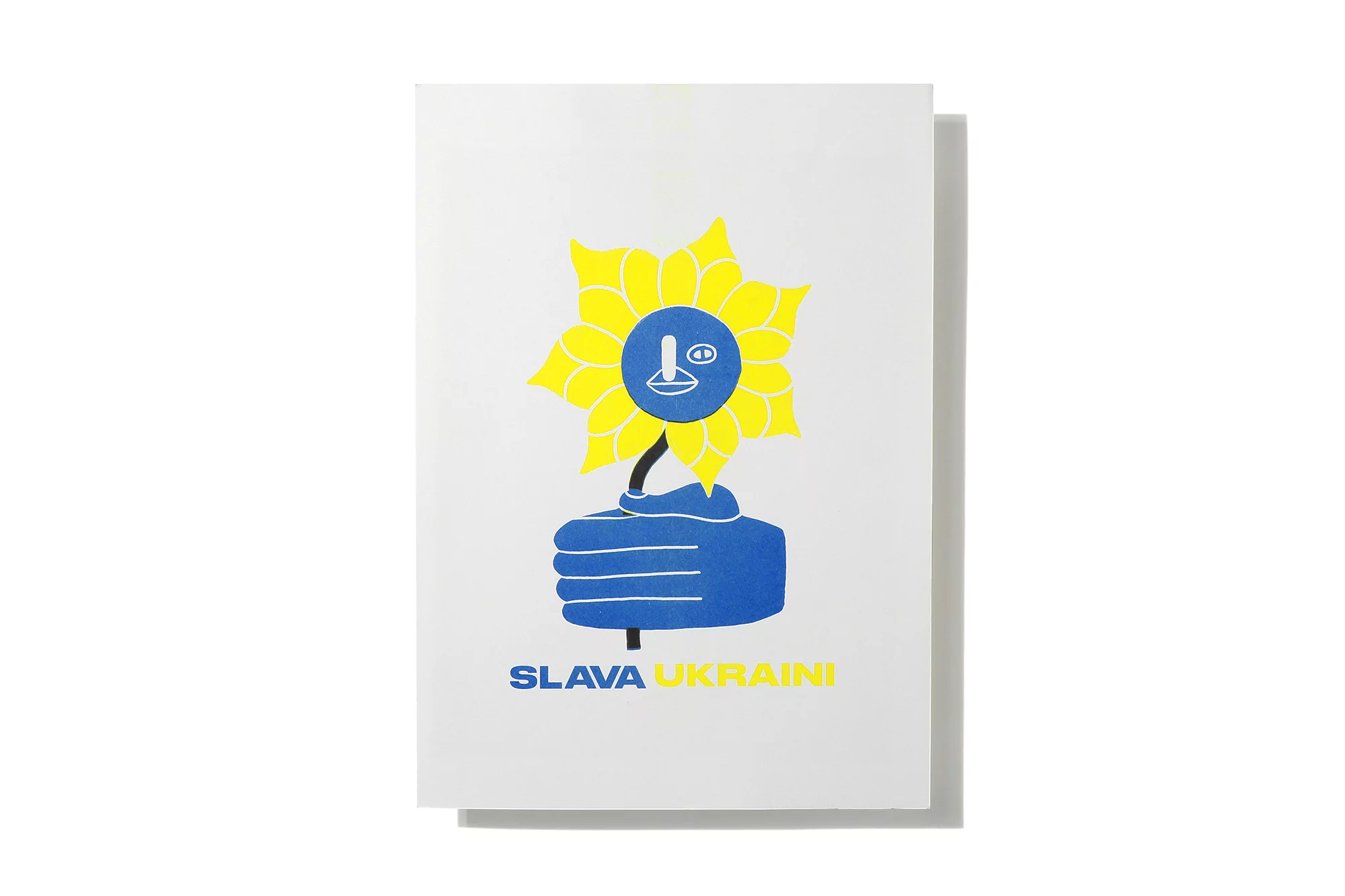 Illustration of a hand holding a sunflower, featuring blue and yellow colors, against a plain white background with 'SLAVA UKRAINI' text.