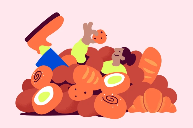 Whimsical digital illustration of a happy person surrounded by an assortment of baked goods like bread, cookies, and pastries.