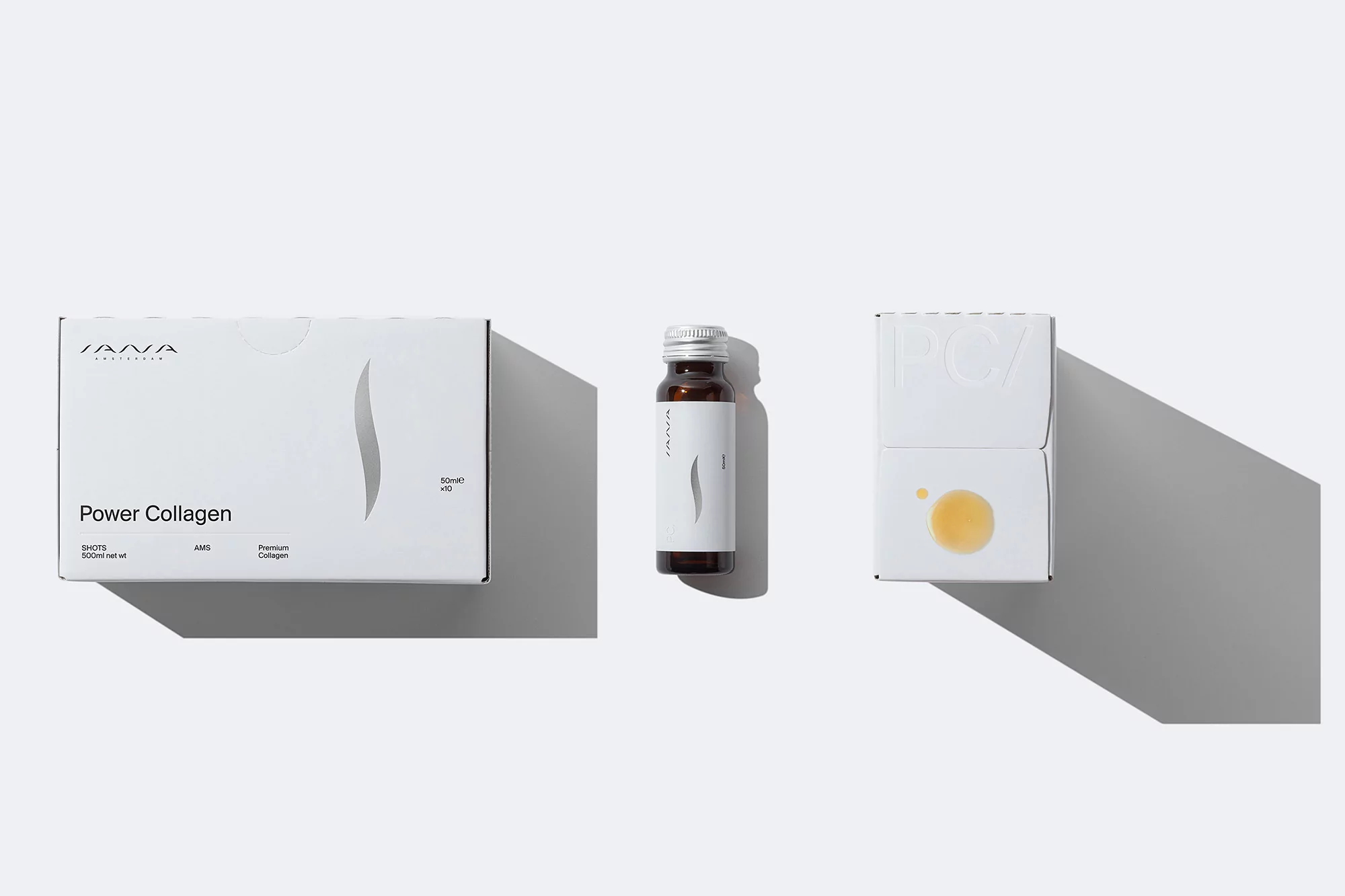 Iana Power Collagen product assortment including a box, vial and opened box, presented on a white surface with shadows.