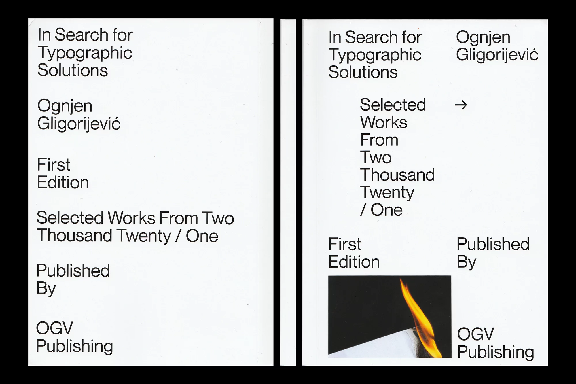 Book cover featuring typographic design and a burning match. Text includes the title 'In Search for Typographic Solutions' and the author's name.