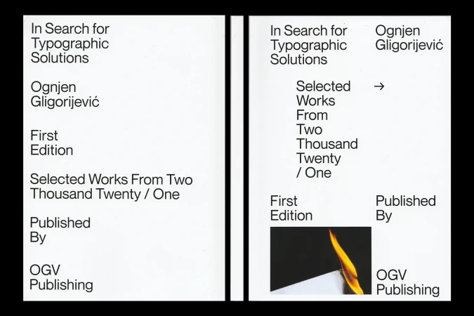Book cover featuring typographic design and a burning match. Text includes the title 'In Search for Typographic Solutions' and the author's name.