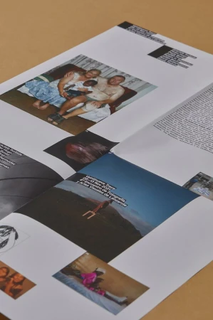 Collage of family photos and text on white paper, creating a visually rich and complex composition.