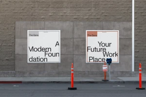 Two graphic posters for The Sans mounted on a grey concrete wall above a street with orange traffic cones.