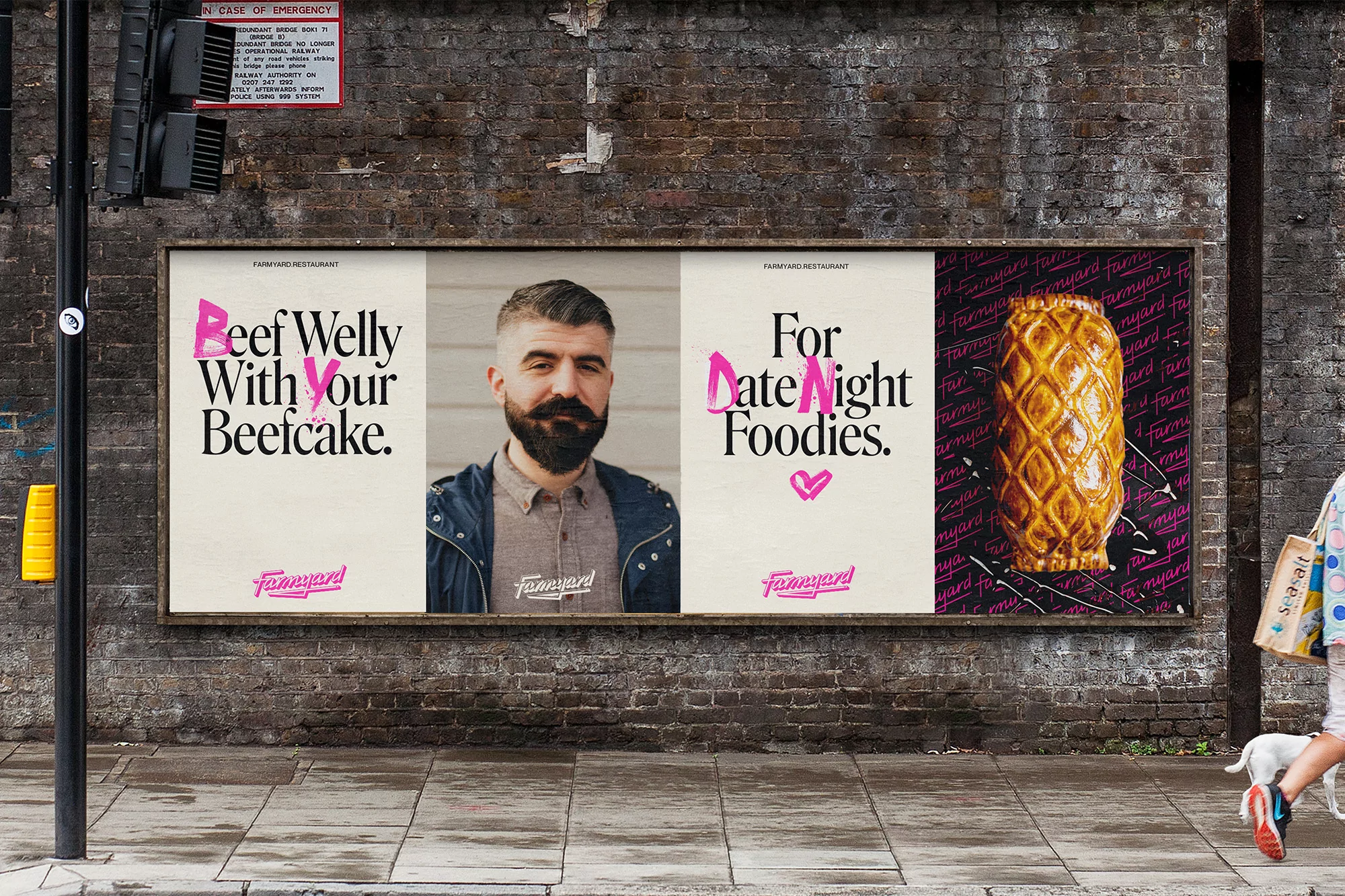 Outdoor advertising billboard featuring an advertisement for Farmyard Restaurant, with food, an adult man, and bold typography.