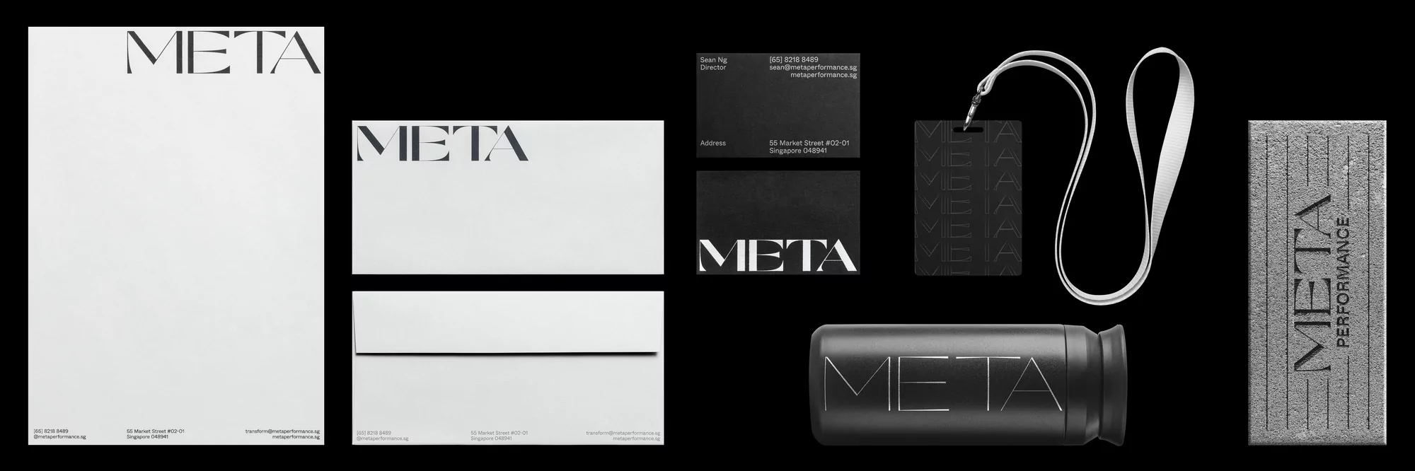 Brand identity mockup featuring letterhead, business cards, lanyard, bottle, and stone block with the 'Meta Performance' logo.