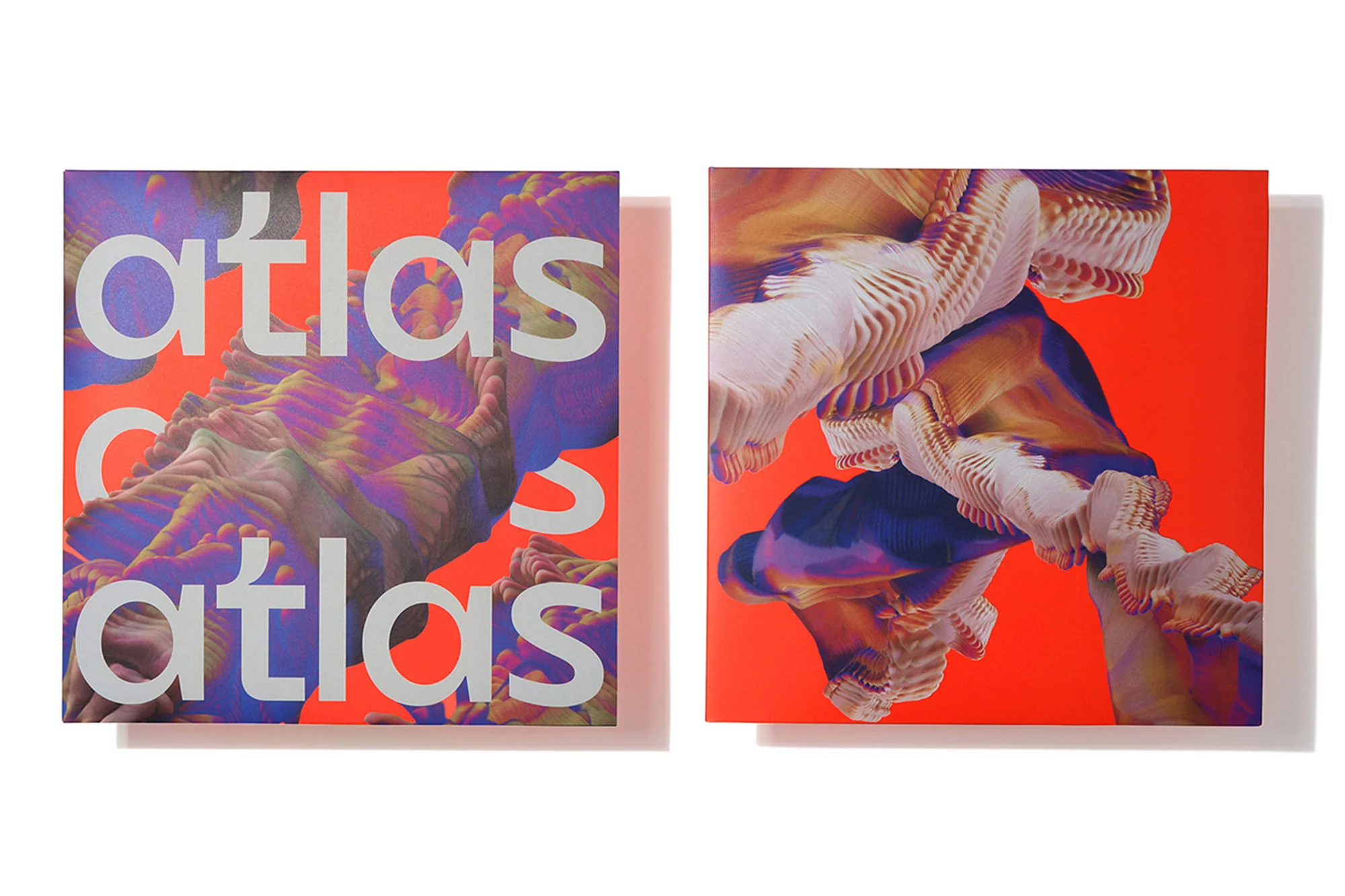 Two square graphic art pieces against a white backdrop, featuring bold, abstract patterns in a vibrant orange, blue, and white color palette.