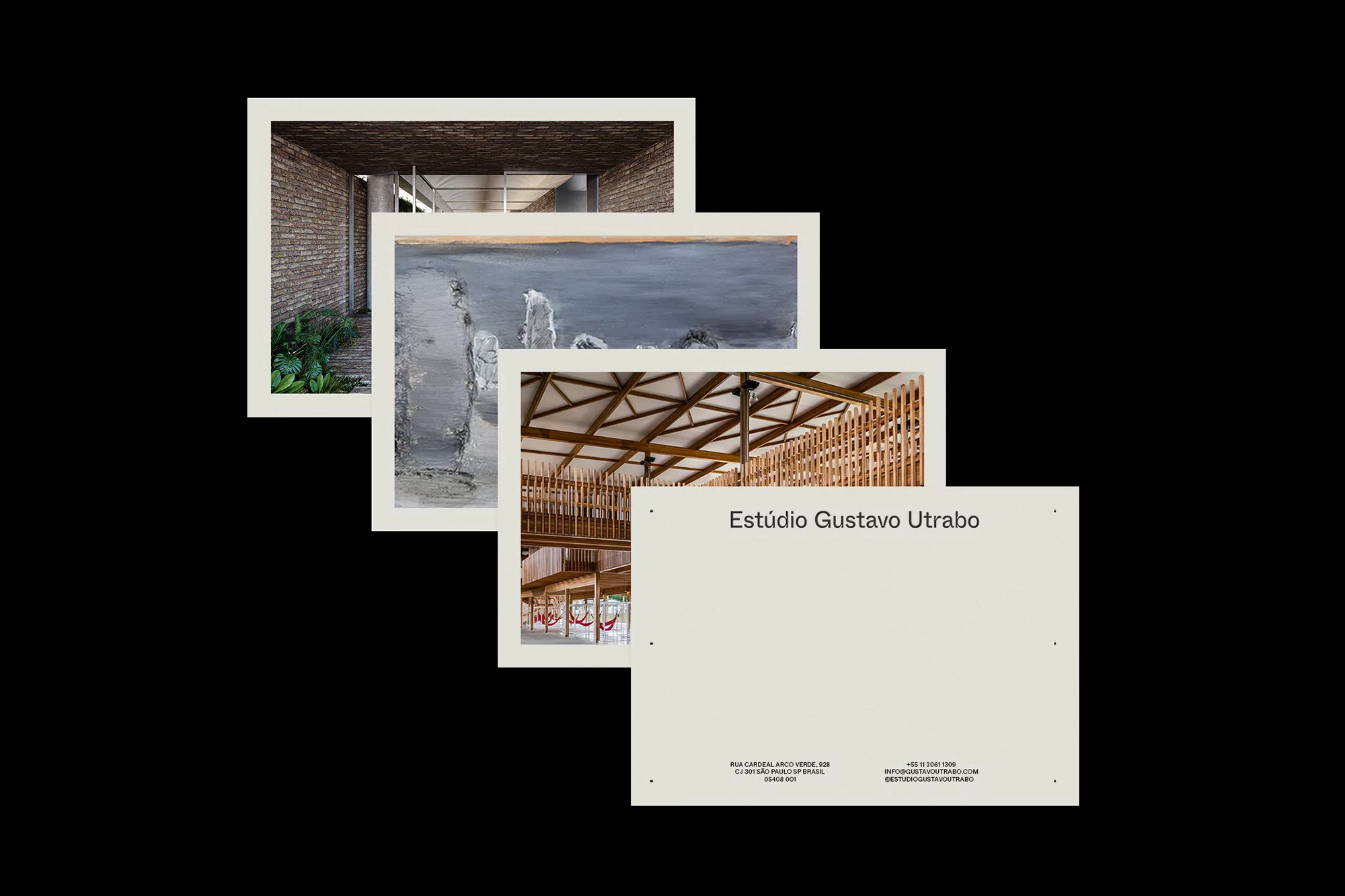 Multiple architectural building photos are overlaid and displayed on a bright white card against a solid black background.