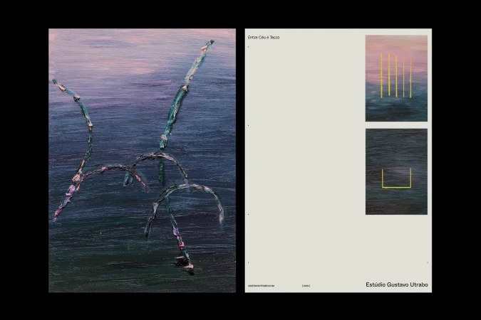 Abstract oil painting on canvas with green lines on a lavender background, displayed alongside a minimal graphic art print.