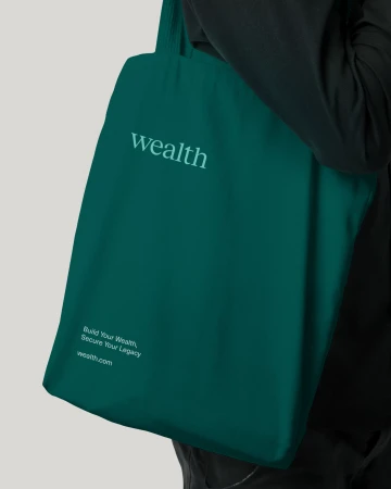 Close-up of an emerald green reusable shopping bag with the word 'wealth' on it, carried by a person wearing a dark jacket.