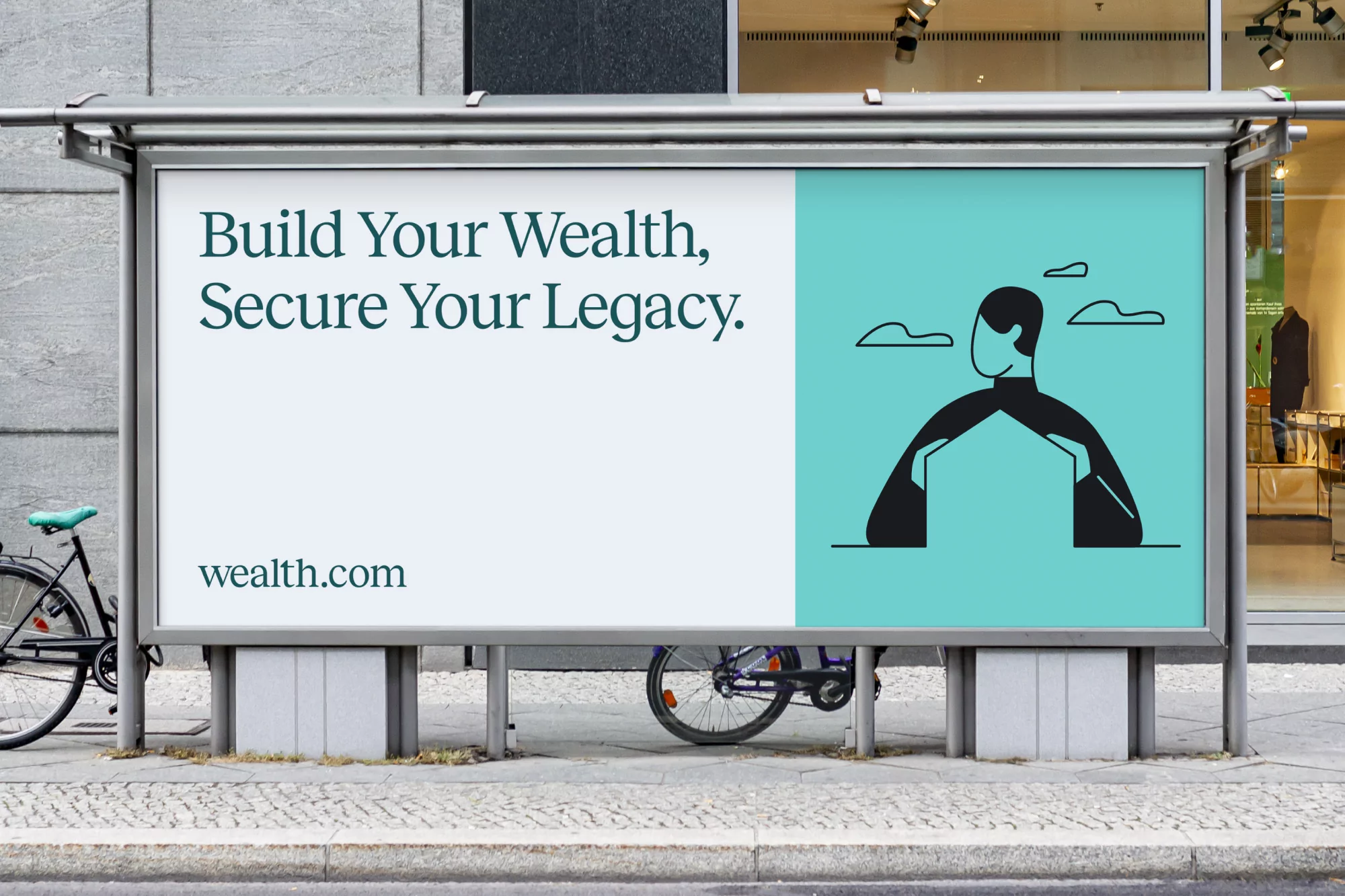 Outdoor billboard showcasing a minimalist design featuring a figure graphic, financial messaging, and brand logo for wealth management services.