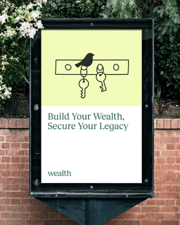 Outdoor advertising billboard displays an illustration of a bird, keys, and text, set against a brick wall and green foliage background.