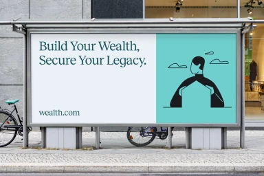 An outdoor advertising billboard on a city street displaying minimalist financial branding with typography and a graphic illustration.