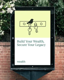 Outdoor advertising poster for Wealth featuring brand identity graphics mounted on a brick wall