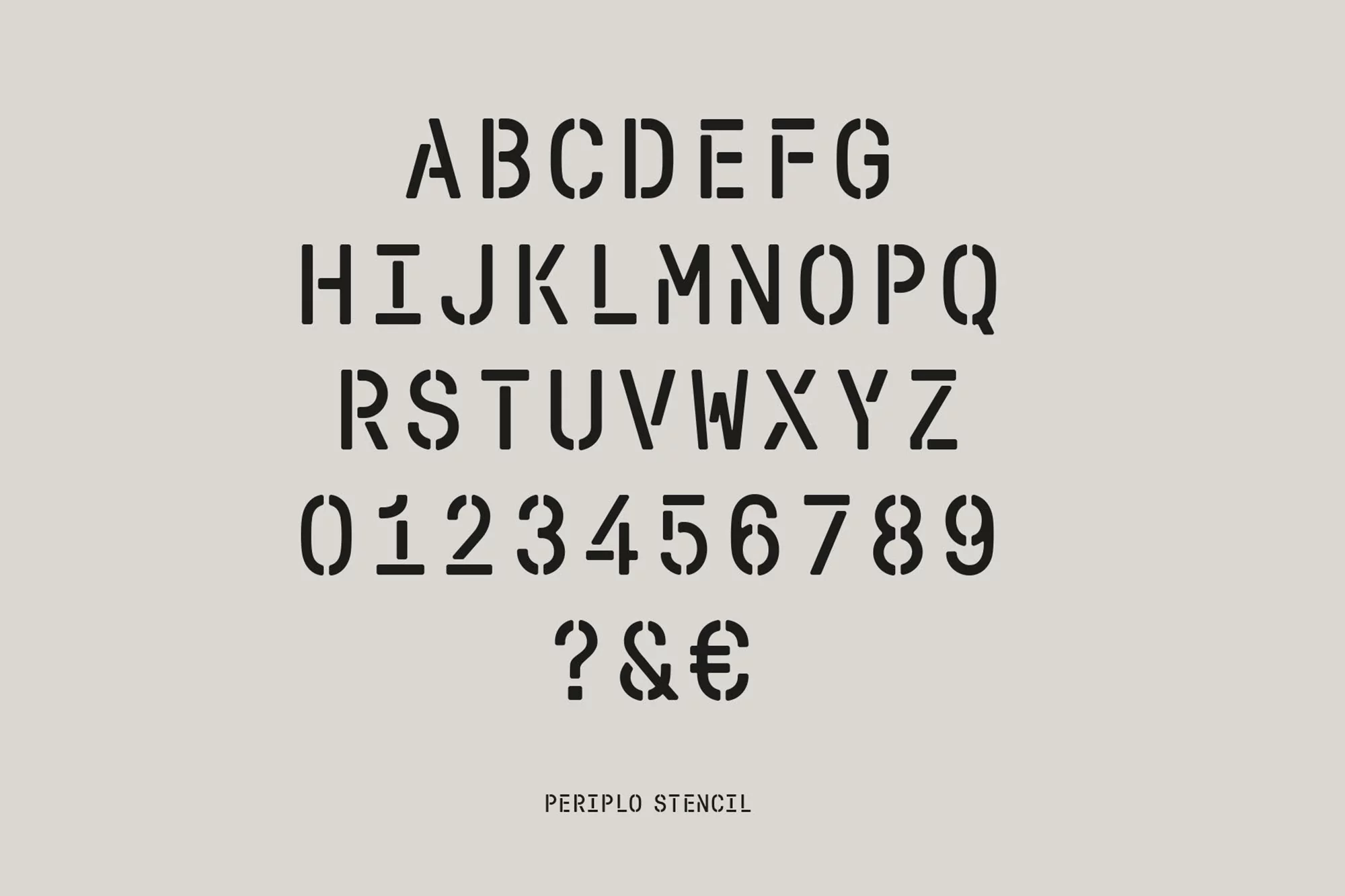 Stencil alphabet and number set featuring uppercase letters, numbers 0-9, and select symbols in a geometric design.