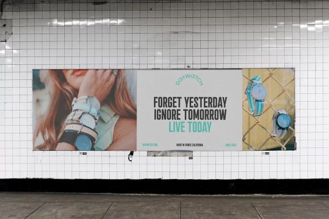 Daywatch watches advertisement featuring a woman with multiple watches on her wrist, promoting modern style and Venice California.