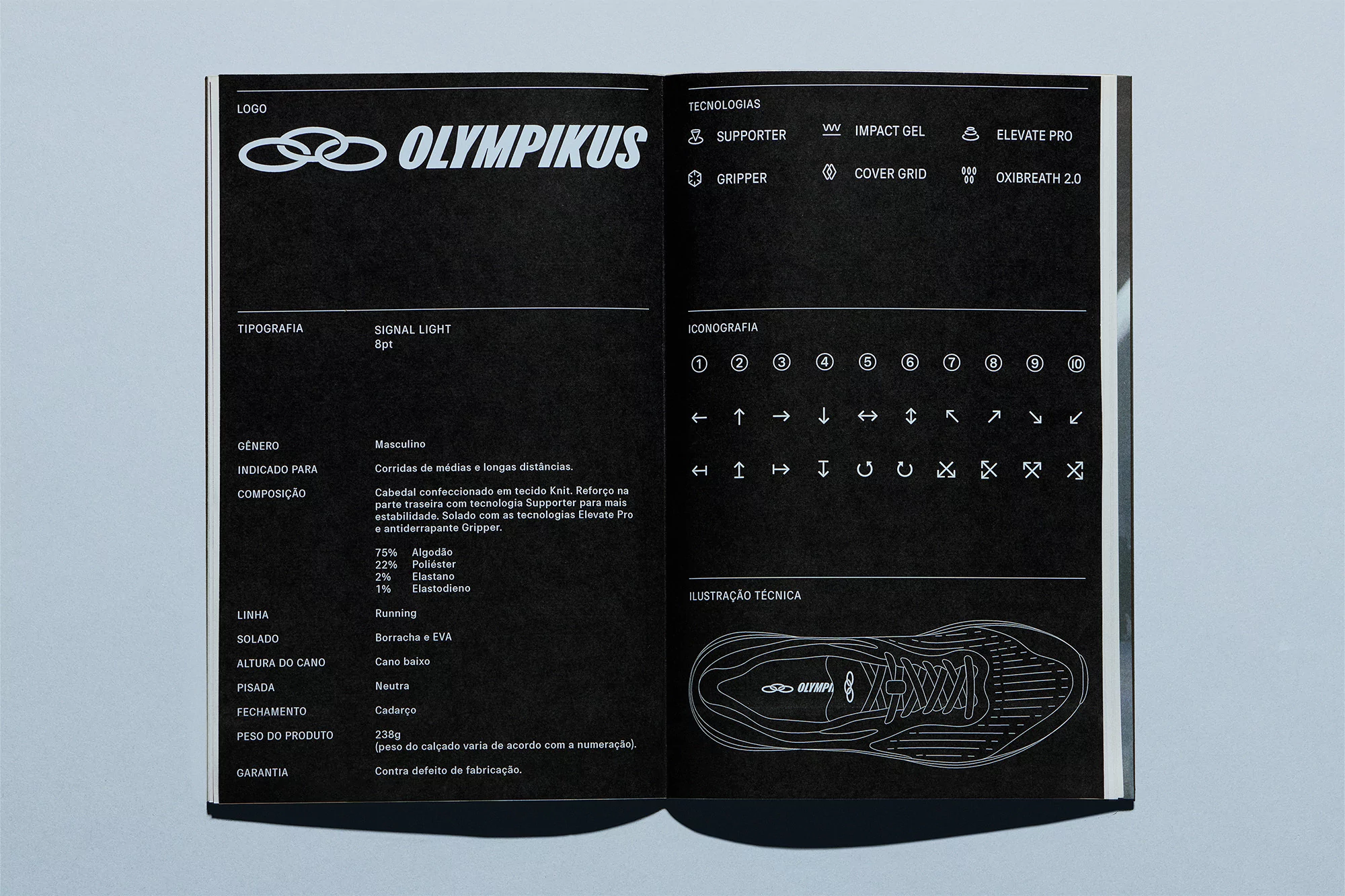 An open magazine spread shows technical specifications and design features of Olympikus running shoes, presented with text and diagrams.