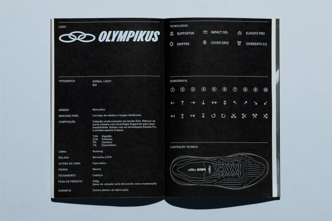 An open magazine spread shows technical specifications and design features of Olympikus running shoes, presented with text and diagrams.
