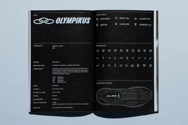 An open brand guideline booklet for Olympikus featuring technical specifications and shoe diagrams on a grey background