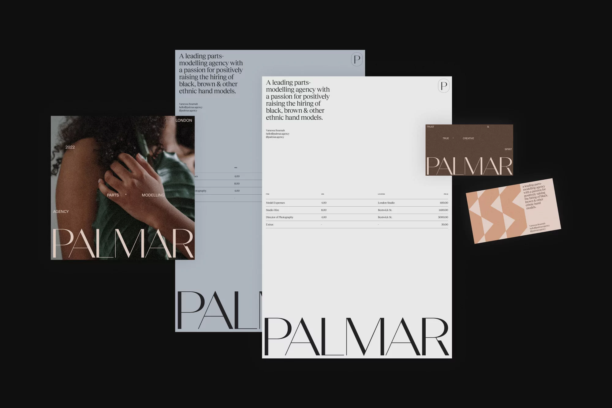Palmar agency advertisement features graphic design of brand imagery, including model, company invoice, and business cards, on black background.