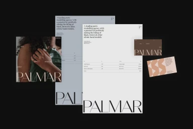 Palmar brand identity showcase featuring minimalist stationery, typography, and promotional print materials on dark background