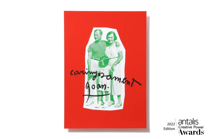 A vintage-style family photo on a red book cover, with handwritten text and awards logo. Design combines nostalgia and a modern aesthetic.