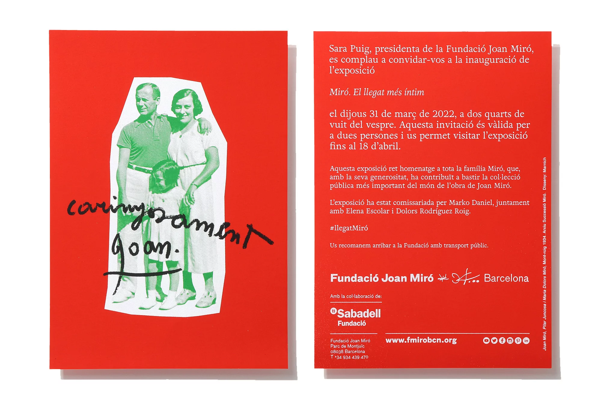 Joan Miró exhibition invitation featuring a vintage family portrait in green on a red background with handwritten text, promoting the event.