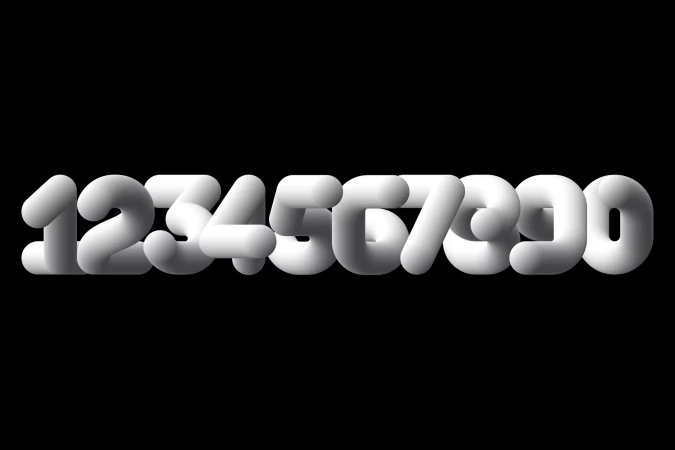 3D render of stylized numerals 1-0, featuring a rounded, inflated appearance, set against a solid black backdrop for a graphic effect.