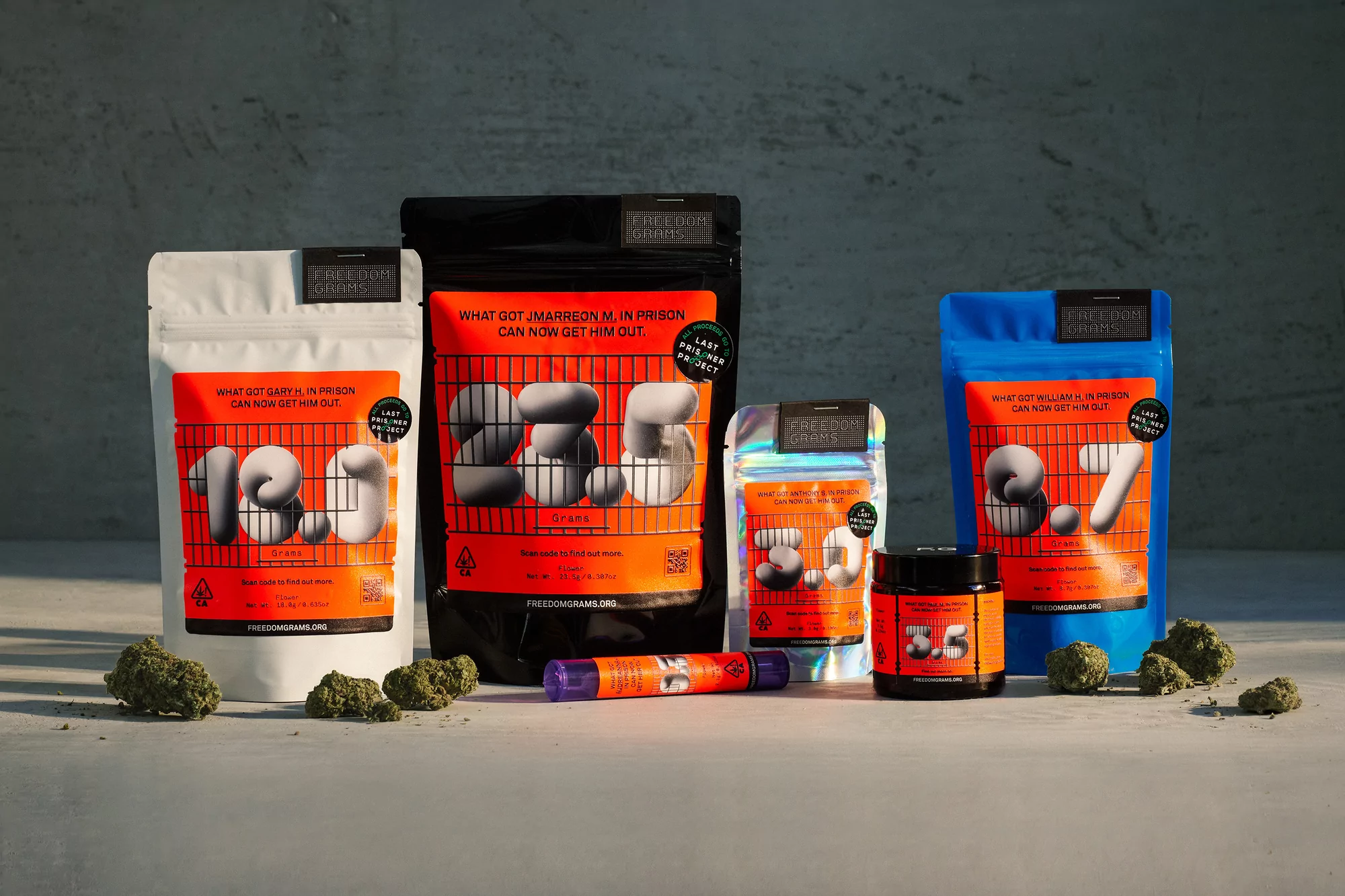 Cannabis product line featuring bags and containers with graphic number designs, displayed against a simple gray background with weed nugs.