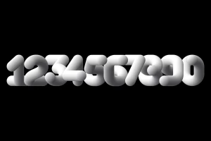 Inflated white 3D numbers from one to zero arranged in a row against a solid black background.