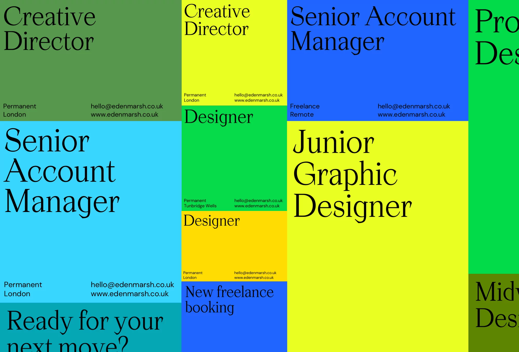 Colorful graphic design jobs advertisement: creative director, senior account manager, graphic designer job listings with Eden Marsh contact information.