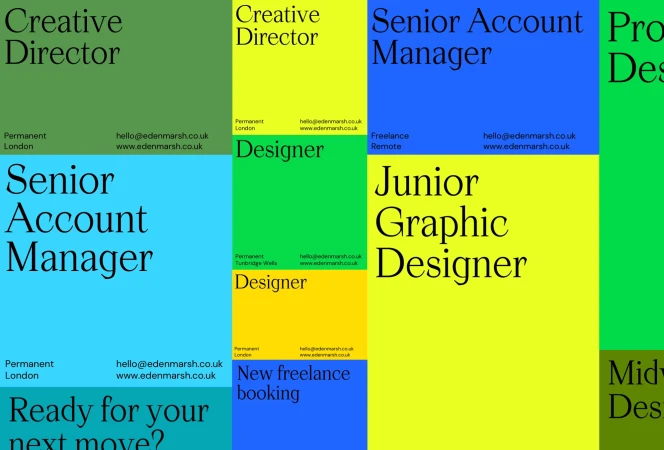 Colorful graphic design jobs advertisement: creative director, senior account manager, graphic designer job listings with Eden Marsh contact information.