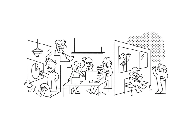Line drawing of diverse people collaborating in a modern office space, discussing a pie chart, using computers, and engaging on mobile phones.