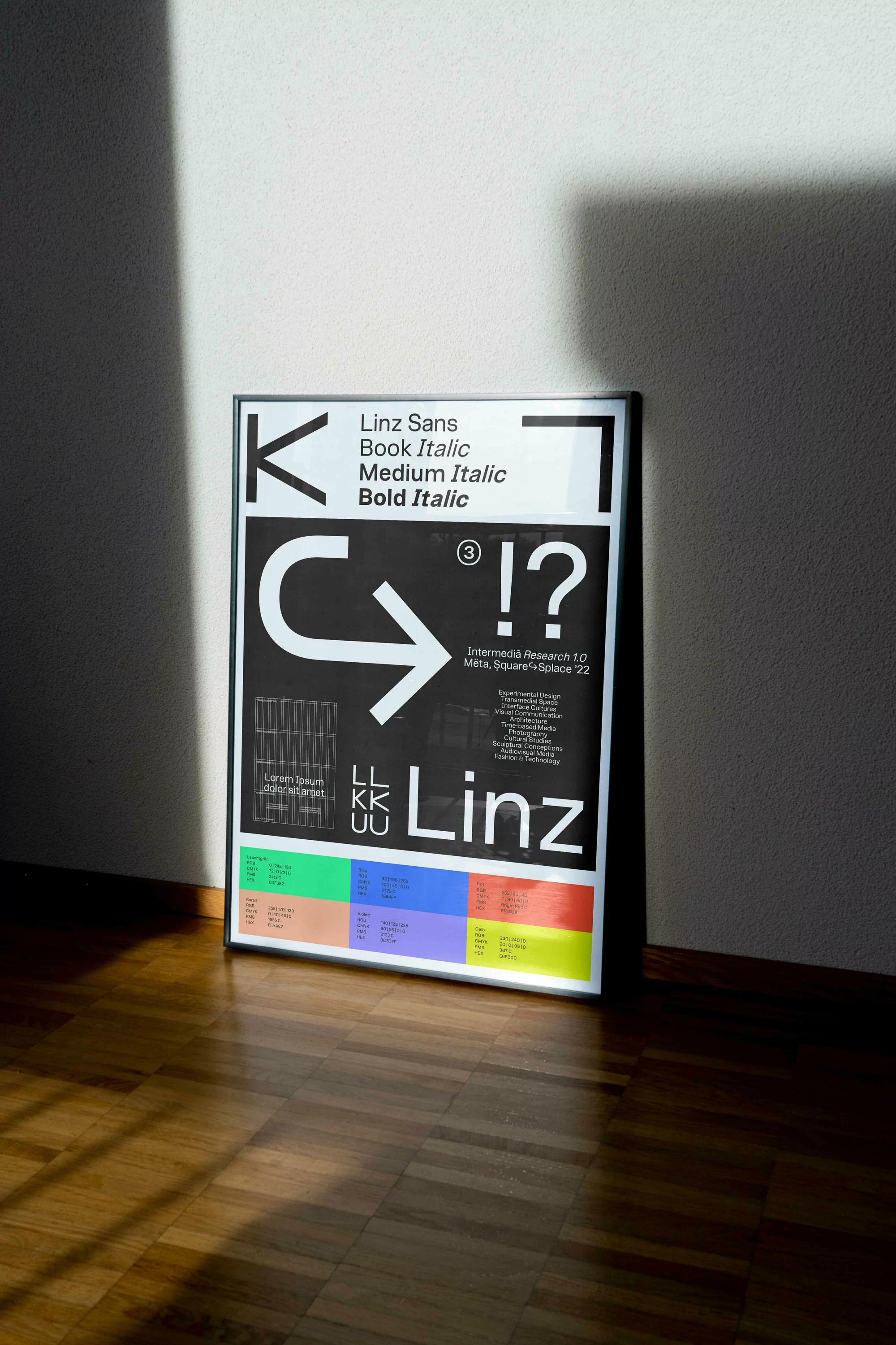 Framed poster leaning against a white wall, showcasing black-and-white graphic design and typography with pops of color at the bottom.