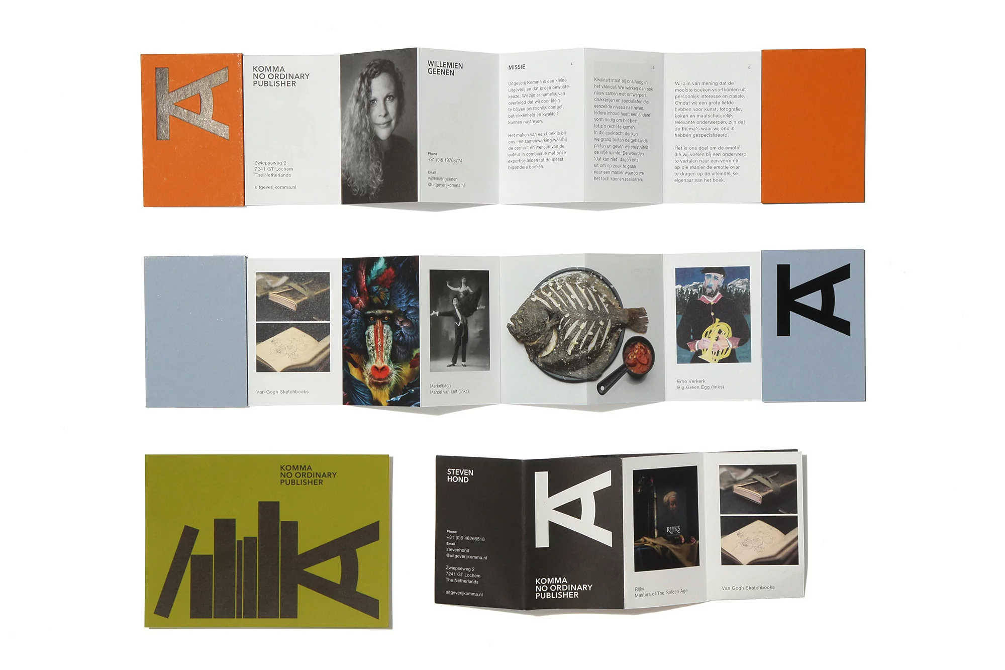 Three Komma No Ordinary Publisher brochures displayed on a white surface, showcasing the brand's logo, name, and diverse imagery.