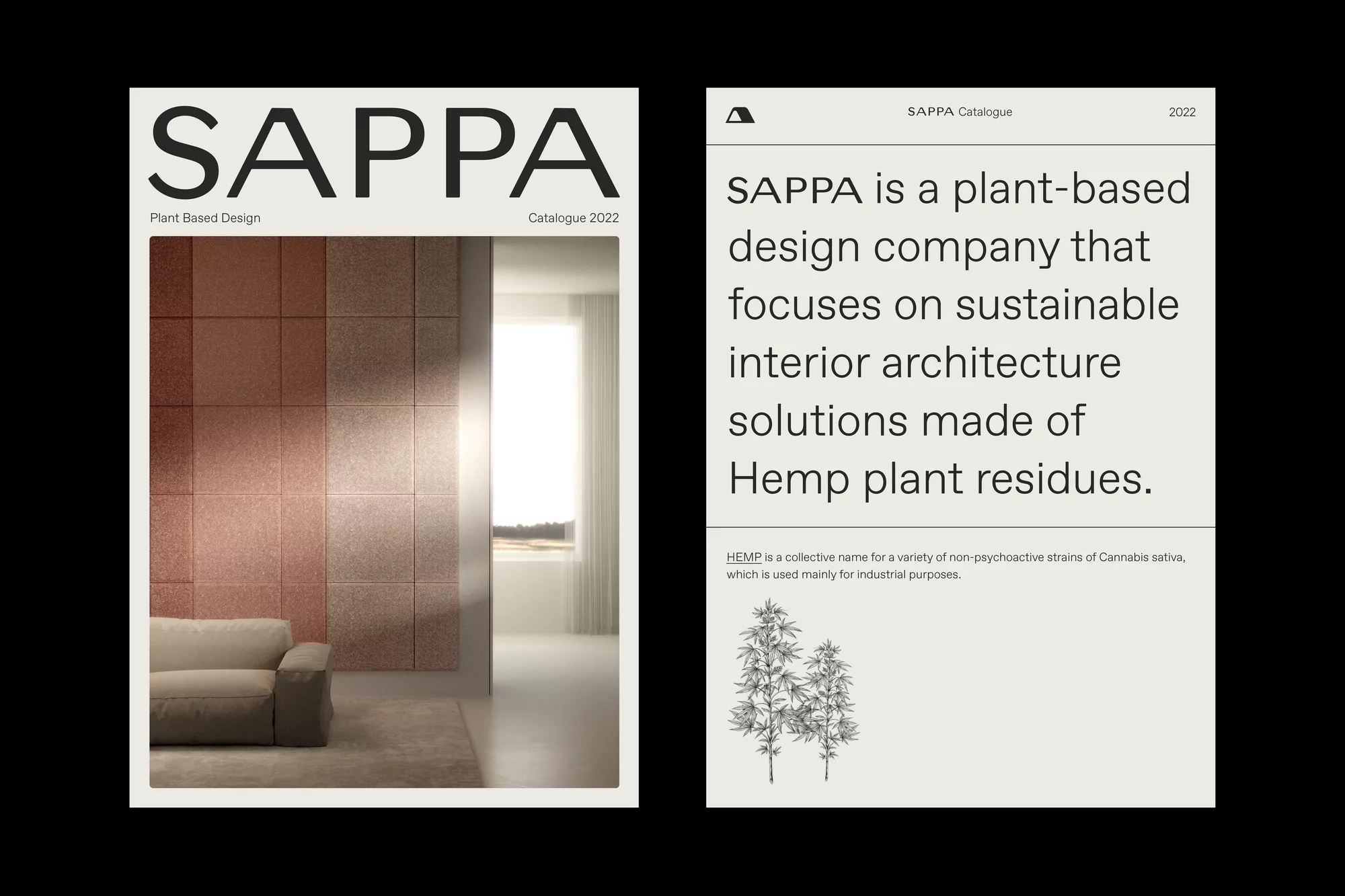 SAPPA catalogue cover showcasing plant-based designs, sustainable interior architecture solutions, and hemp plant residues in 2022.