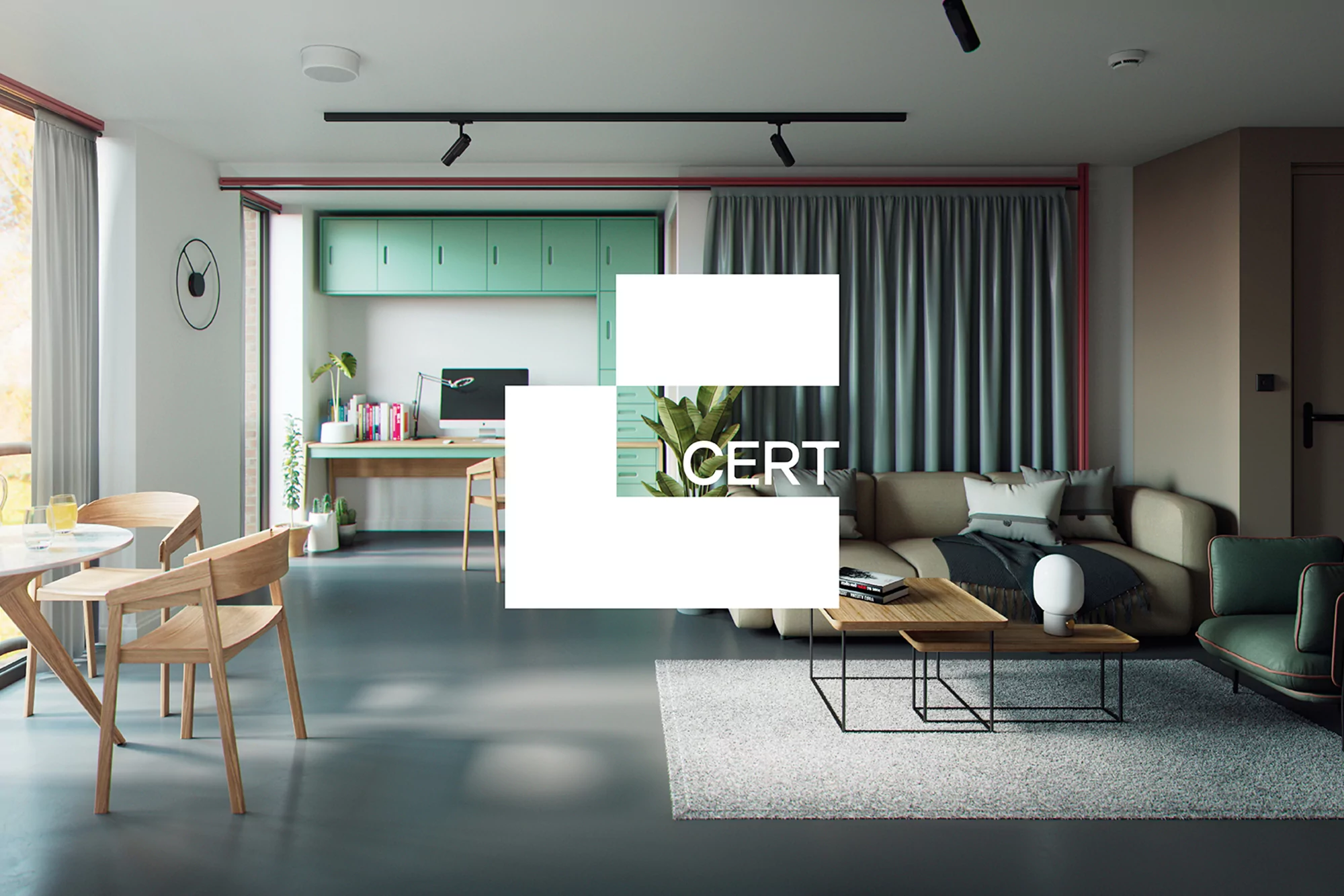 Well-lit living space features a modern decor with comfortable sofas, a desk area, indoor plants, and contemporary lighting fixtures.