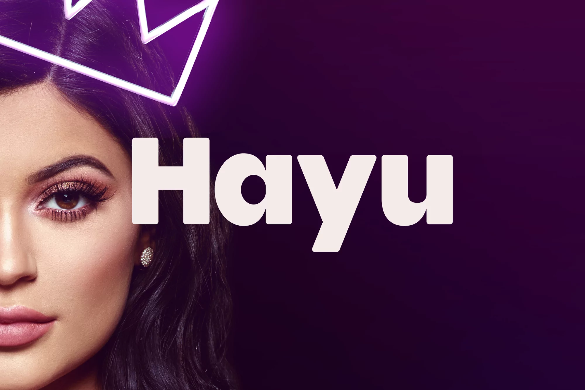 Close-up of a woman's face with dark hair, wearing makeup, and a diamond earring, set against a dark purple background with a crown.