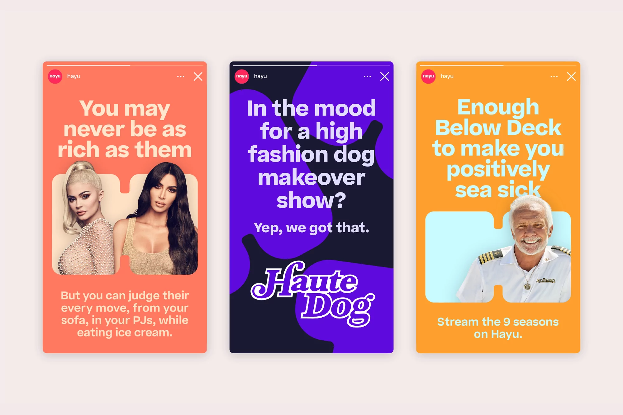 Three digital advertisements showcase Hayu streaming service, featuring celebrities and TV shows in vibrant colors and modern layouts.