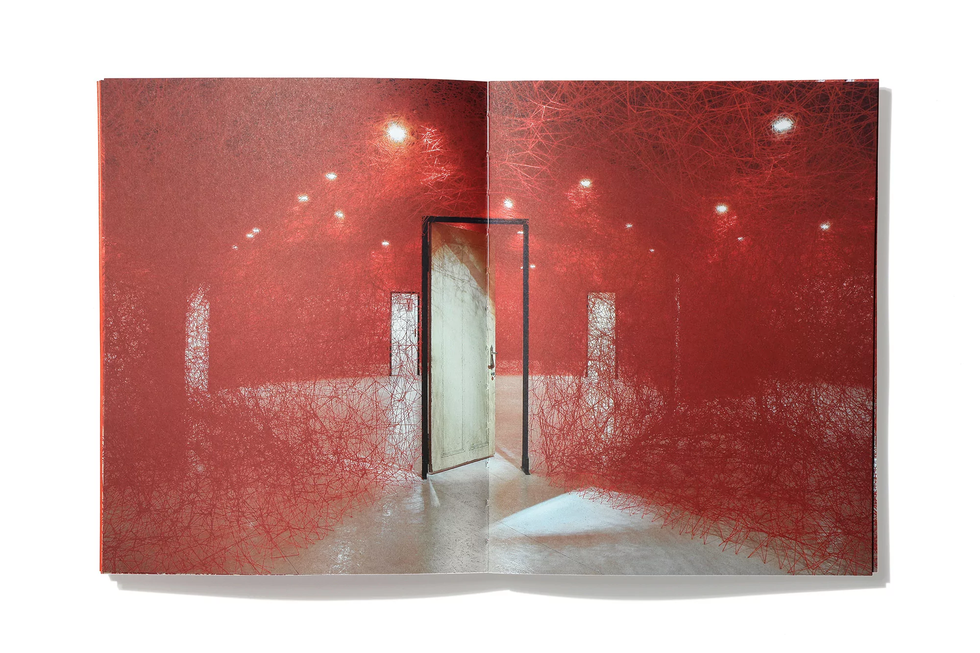 Surreal image of an open doorway in a red interior space, illuminated by overhead lights, creating a mysterious and dreamlike atmosphere.