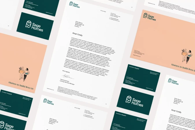 Branded marketing materials featuring the Sage Homes logo, including stationery, business cards, and an envelope with a line art graphic.