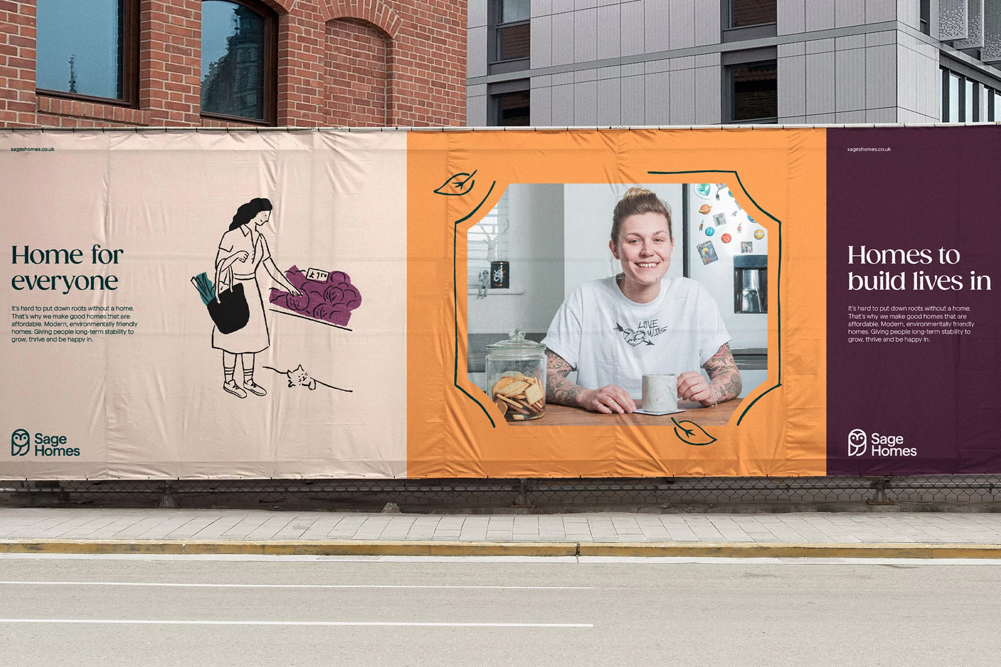 Advertisement on the side of a building shows a line art illustration and a smiling woman in her kitchen with Sage Homes logos.