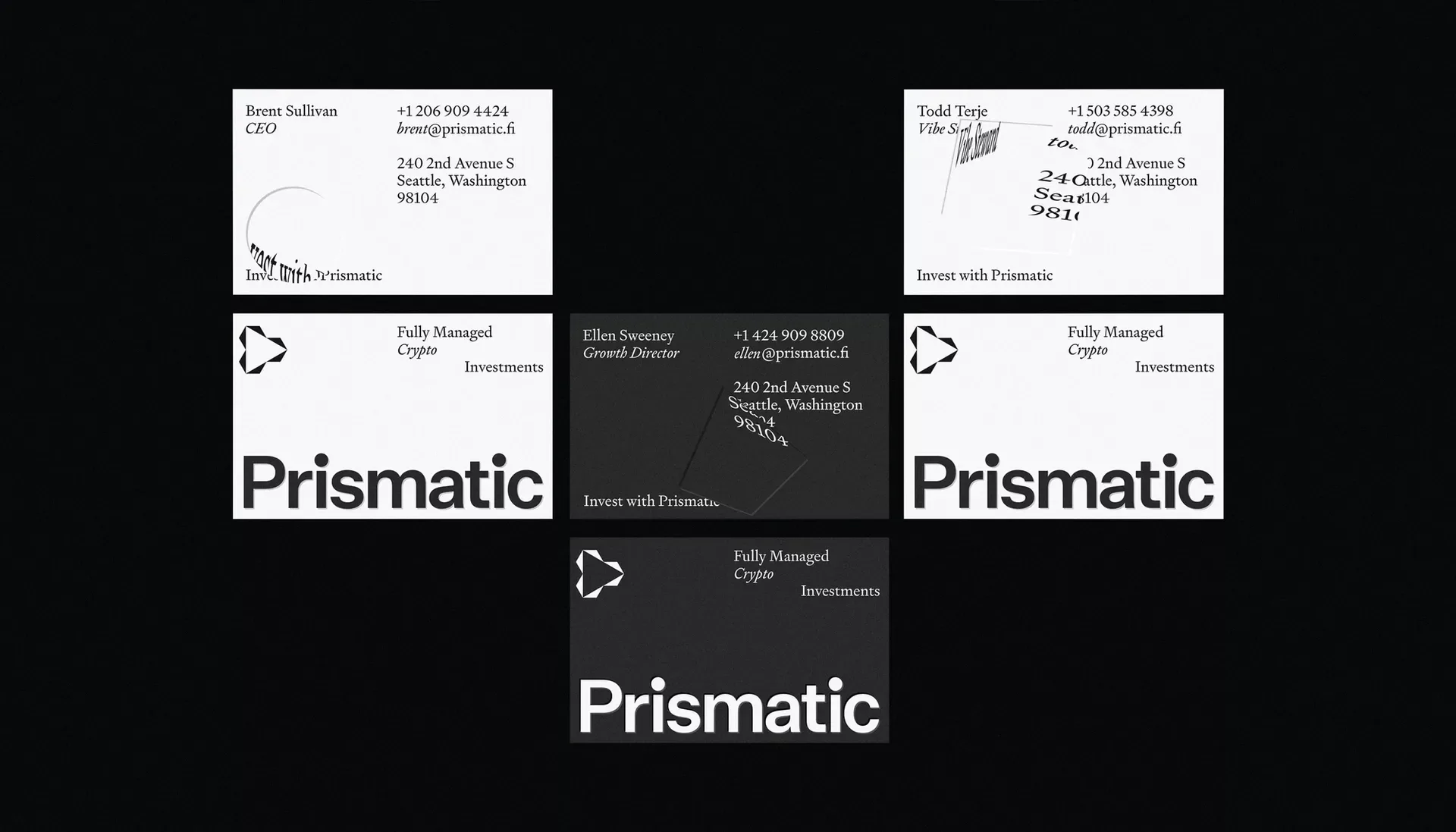 Business cards for Prismatic, a crypto investment company, are displayed in a grid layout with a black background. Text and logo visible.