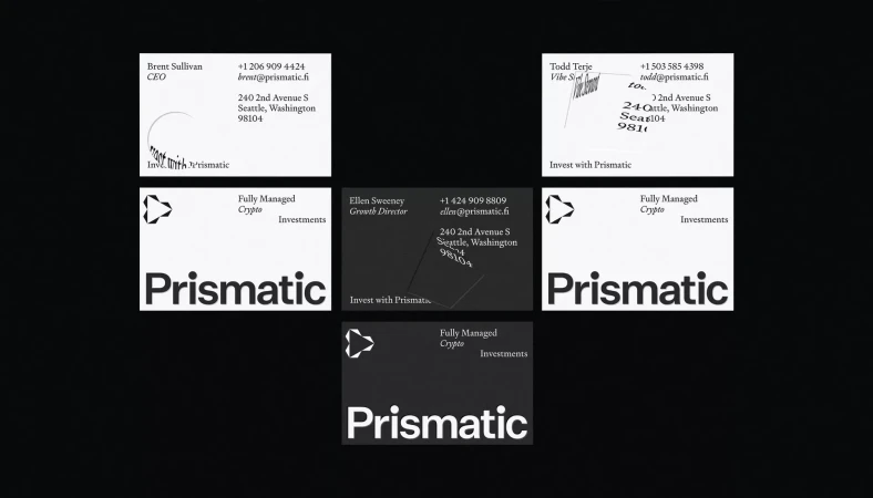 Business cards for Prismatic, a crypto investment company, are displayed in a grid layout with a black background. Text and logo visible.
