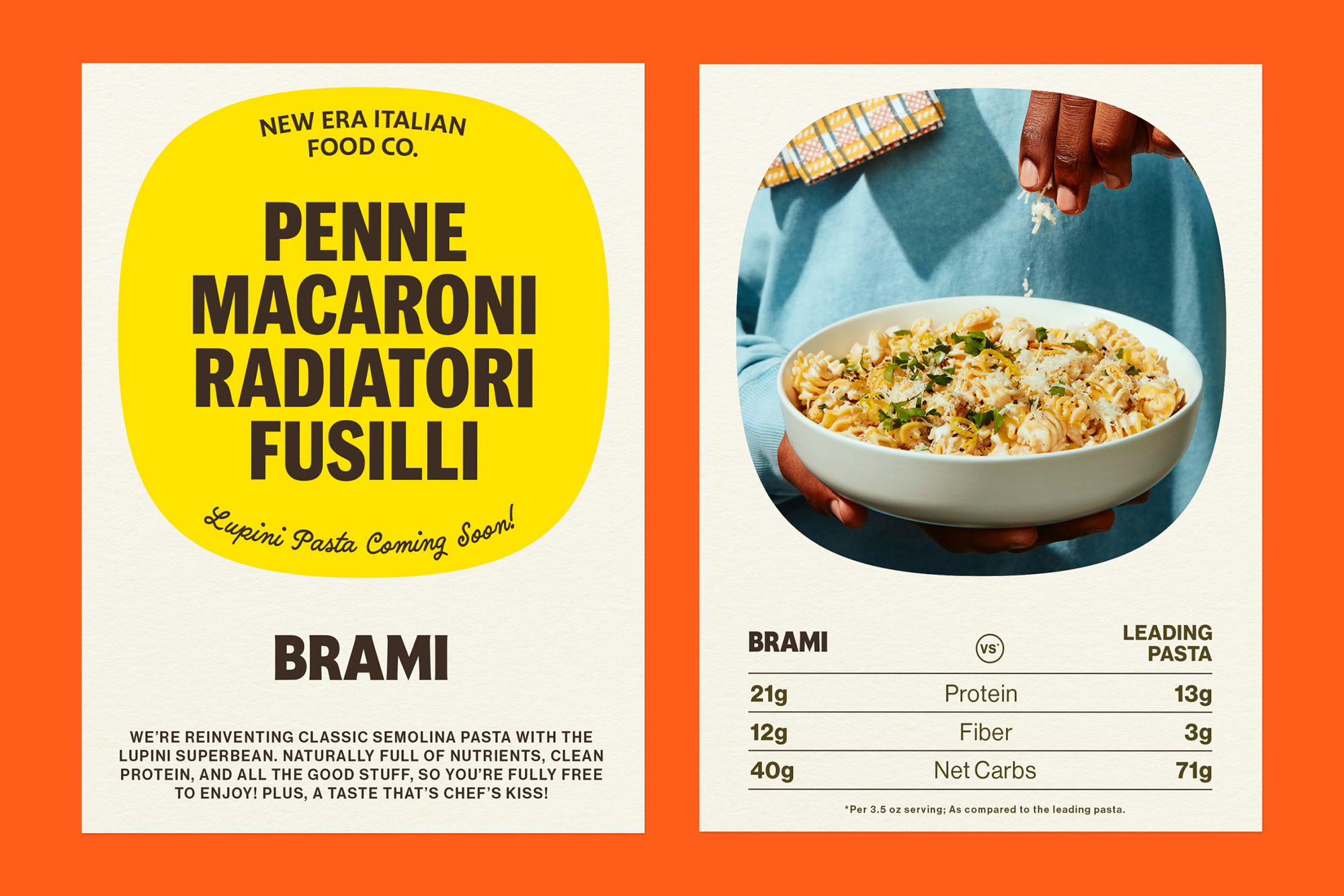 Food ad showcases 'Brami' pasta varieties and nutrition facts, alongside a serving of radiatori pasta held by a person.