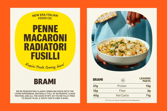 Food ad showcases 'Brami' pasta varieties and nutrition facts, alongside a serving of radiatori pasta held by a person.