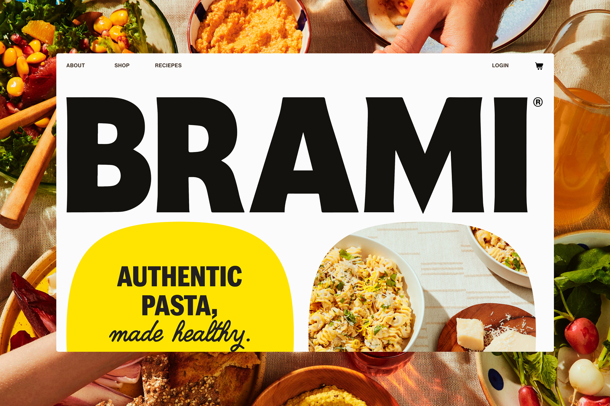 Overhead shot of a brand promotion for Brami pasta, featuring bowls of salad, pasta, and snacks, set on a sunlit table with hands reaching.