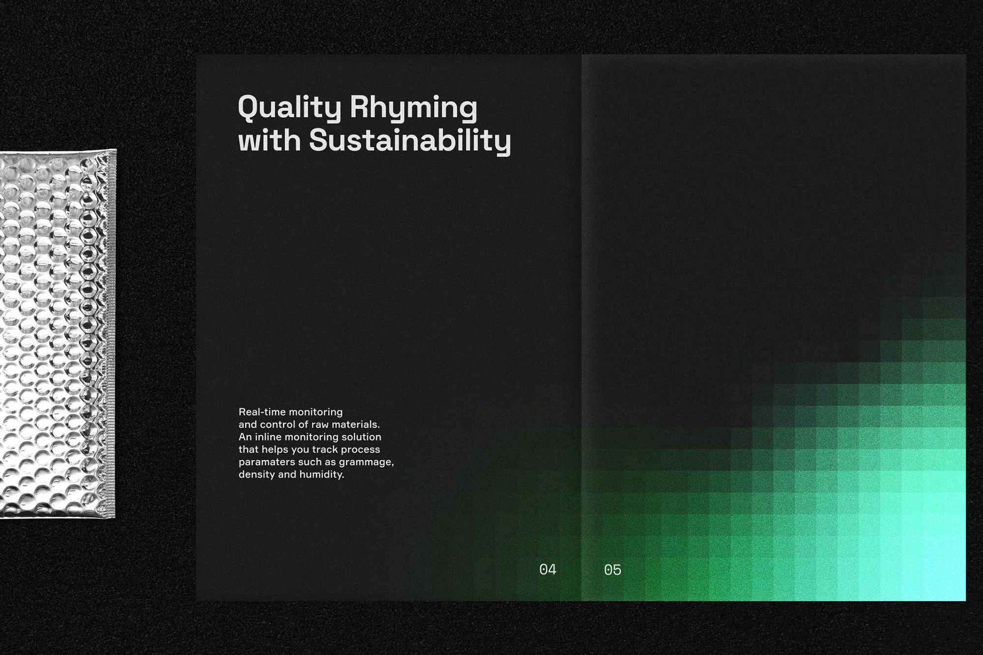 Product packaging with a metallic bubble wrap pouch and black page featuring text and a green pixelated design element.