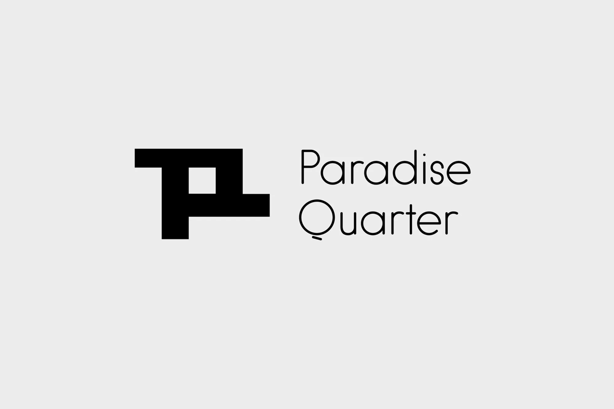 Black, geometric logo mark with typography 'Paradise Quarter' on a light gray background. Clean, modern logo design for branding.