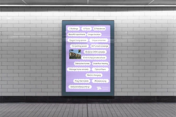 Advertisement for Paradise Quarter featuring text about residences, apartments, and amenities on a billboard in an urban setting.