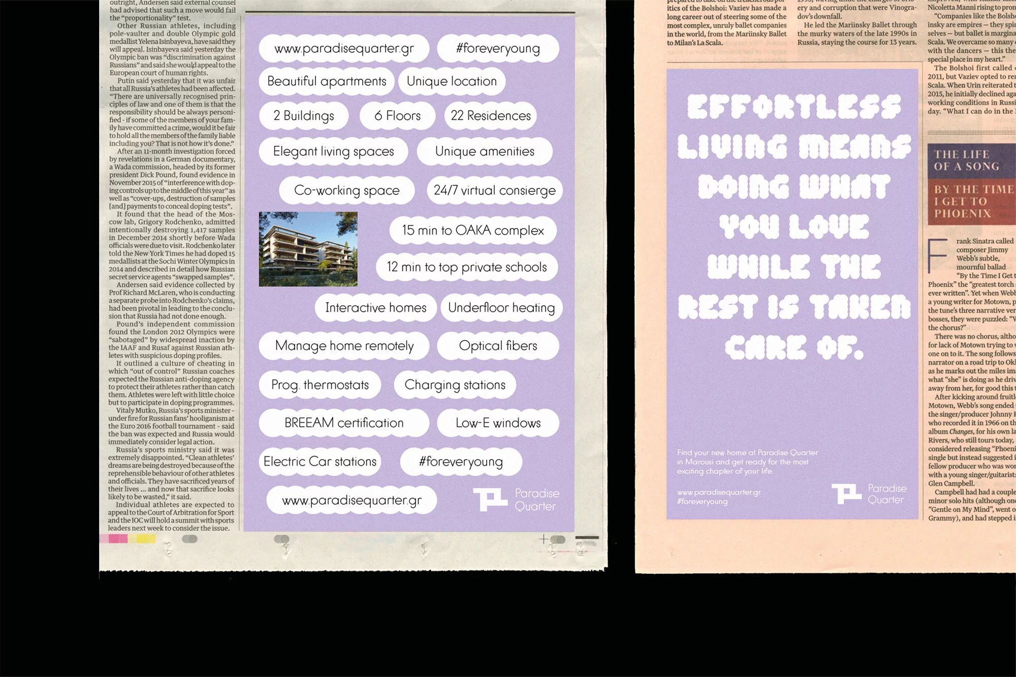 Advertisement showcasing Paradise Quarter apartments, featuring text promoting effortless living and various amenities, website and hashtags.